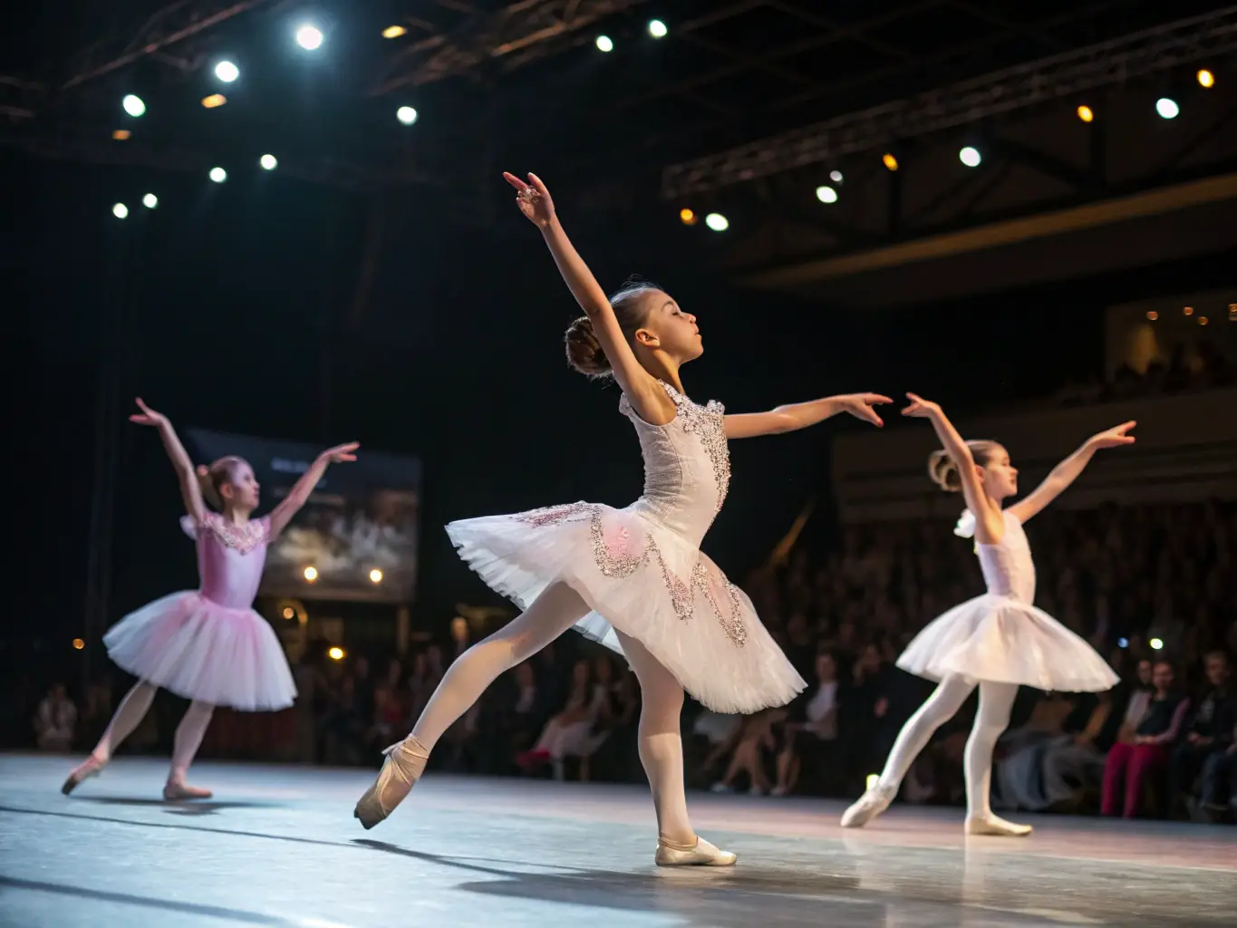 A dynamic image of a professional ballet performance, showcasing dancers in elaborate costumes executing a complex choreography on stage. The lighting is dramatic, highlighting the emotion and artistry of the performance.