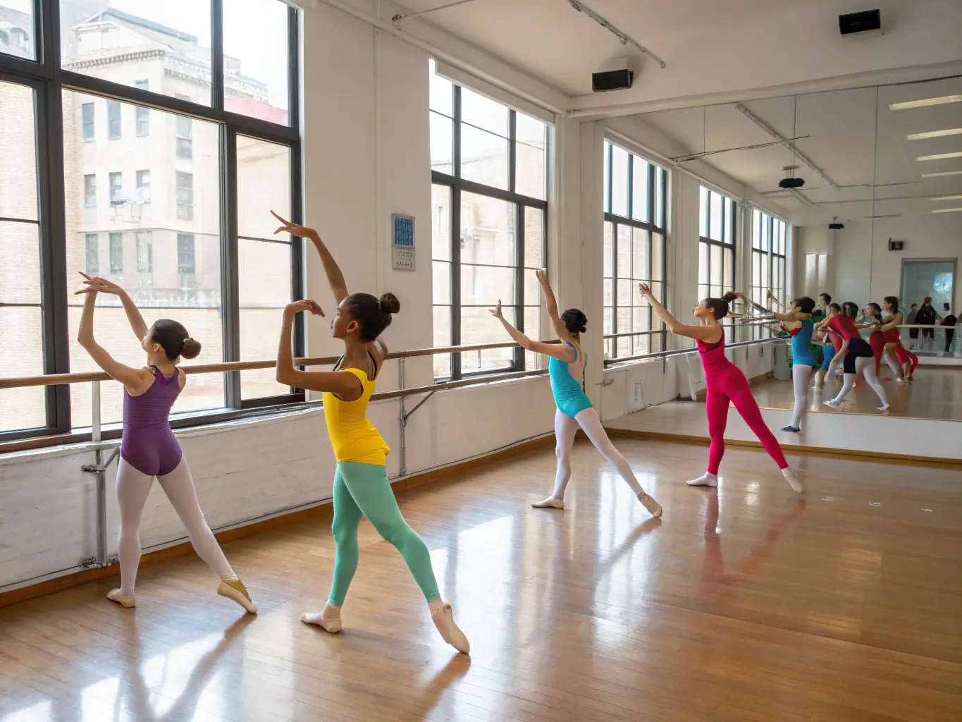 A dynamic photograph capturing a ballet class in session, with dancers of various ages and skill levels gracefully executing a pose, showcasing the inclusive nature of the program.