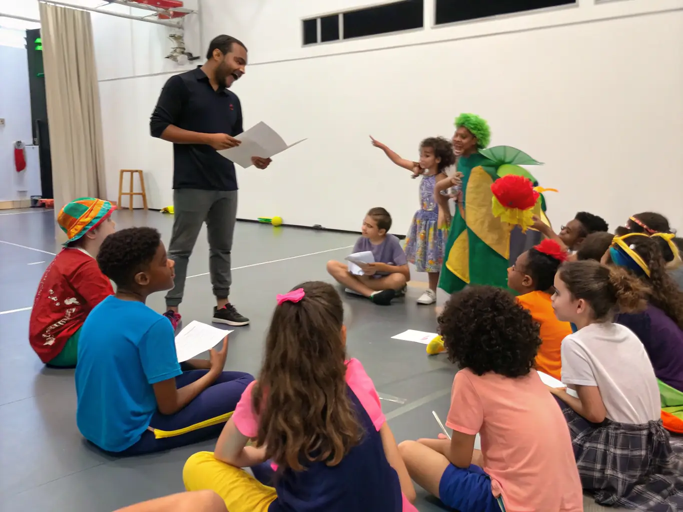 A heartwarming image of children participating in a theatre outreach program, their faces lit up with joy and excitement, highlighting the impact of arts education on young minds.