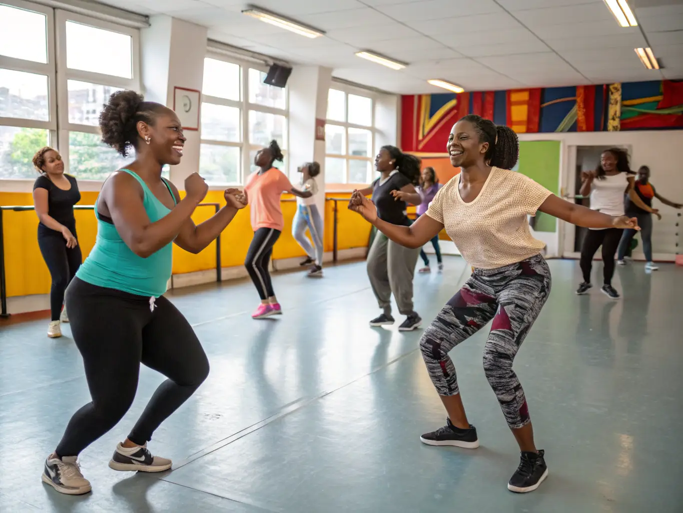 A vibrant photo capturing a ballet workshop in session, with participants of various ages and abilities engaged in learning dance movements, set in a community center.