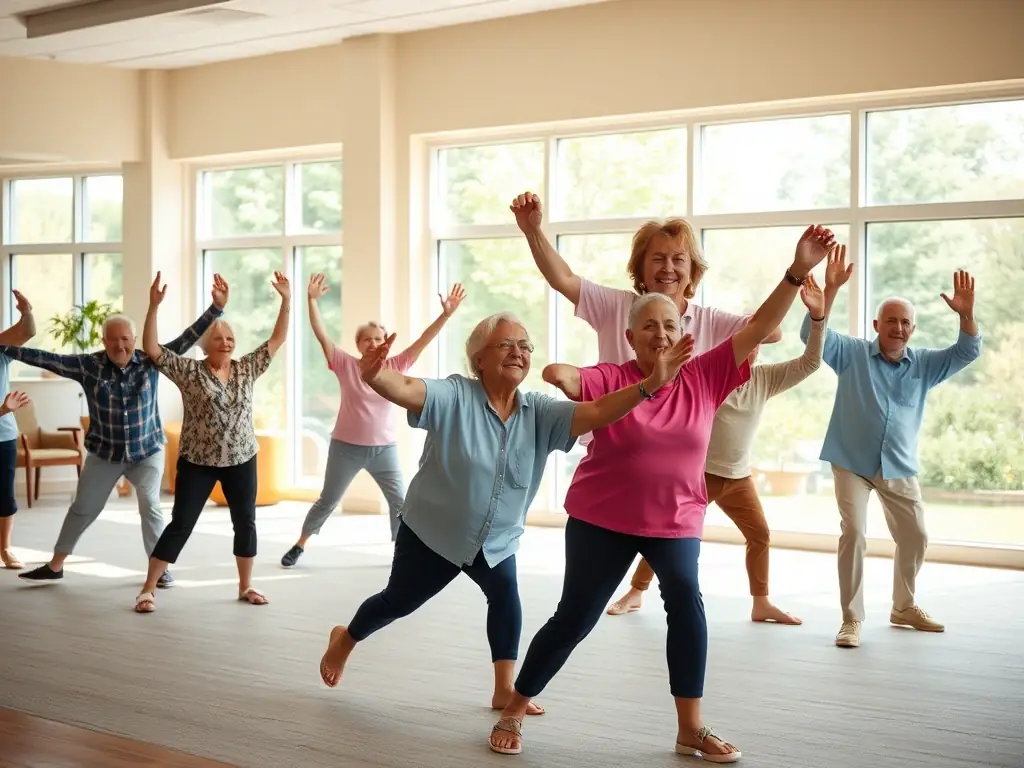 A heartwarming image of elderly participants enjoying a gentle movement class, adapted for their physical abilities, with smiles and a sense of camaraderie evident.