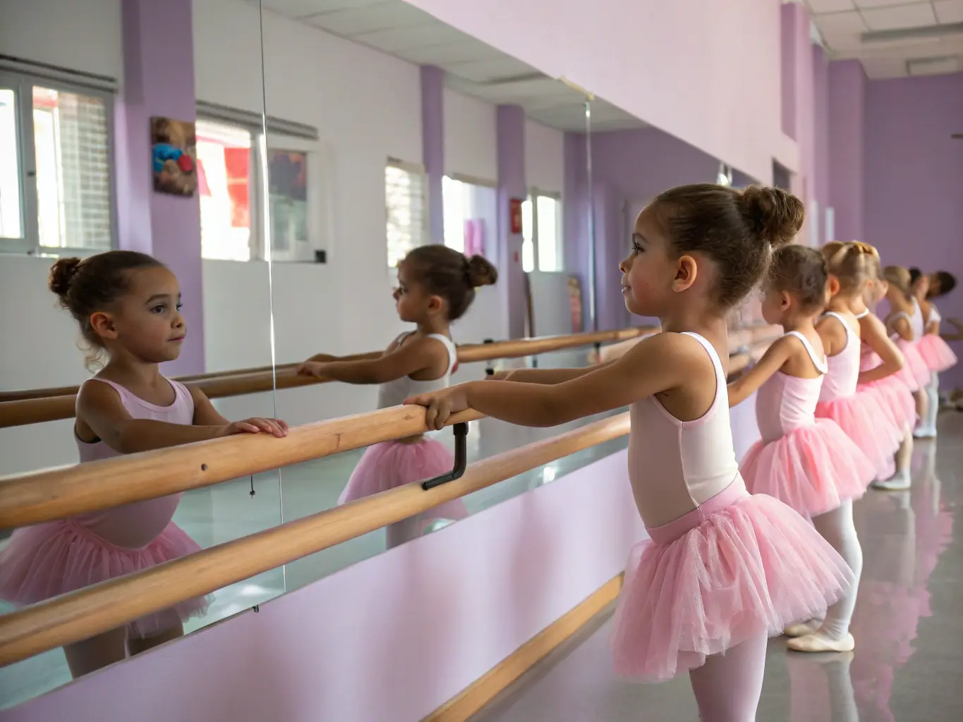 A photograph capturing a group of young students, diverse in background, fully engaged in a ballet workshop, with the instructor providing guidance and encouragement. The setting is a bright, welcoming dance studio.
