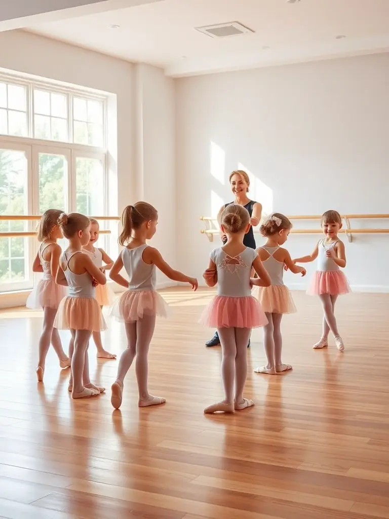 A group of young students participating in a dance education program, with a focus on their enthusiasm and the educational aspects of learning ballet and contemporary dance techniques.