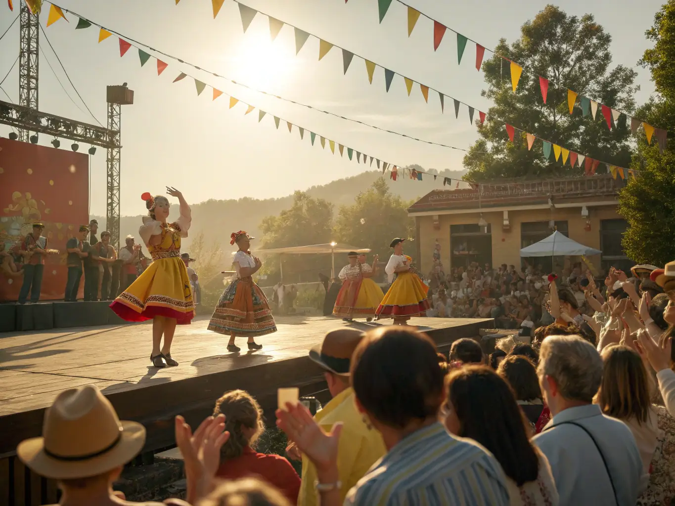 A dynamic shot of a community performance, showcasing dancers of various ages and skill levels, performing together in a public space, with an enthusiastic audience watching.