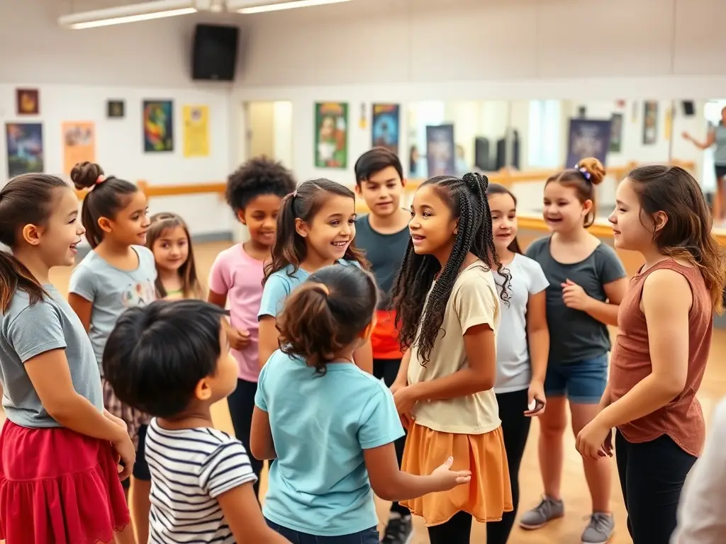 A photo of a group of young students participating in a theatre education program, working together on a scene. The atmosphere is energetic and collaborative, with students expressing themselves creatively.