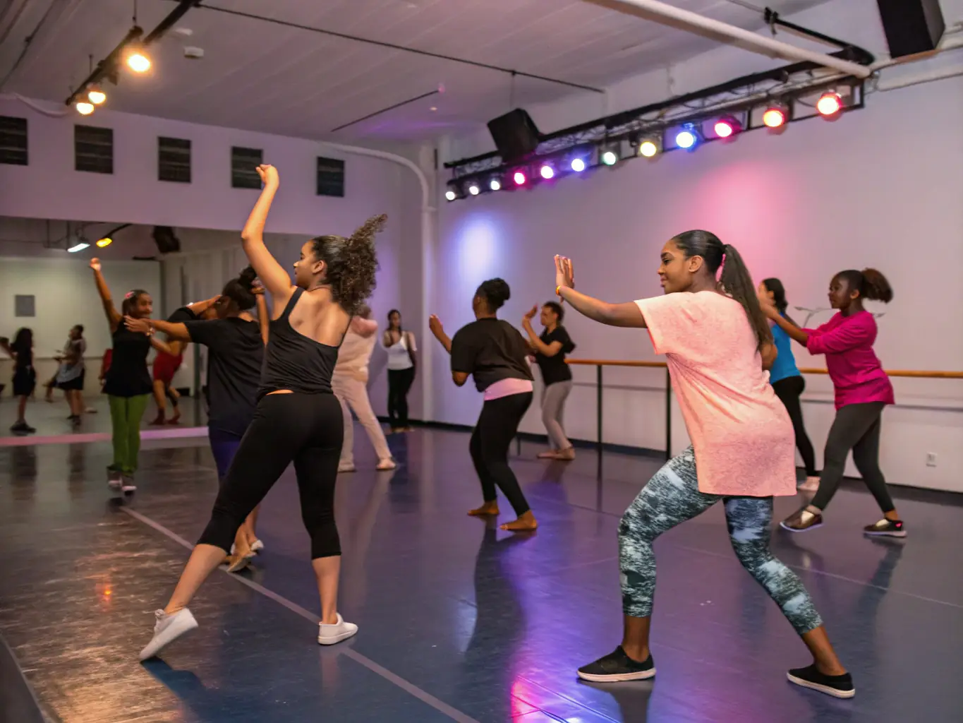 A vibrant photo capturing a community ballet workshop in session, with participants of diverse ages and backgrounds engaged in a dance activity, showcasing inclusivity and community spirit.