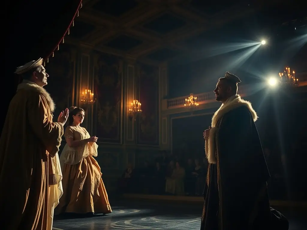 A vibrant photograph of a theatrical production, showcasing actors in costume performing on stage, emphasizing the dramatic and engaging nature of the program.
