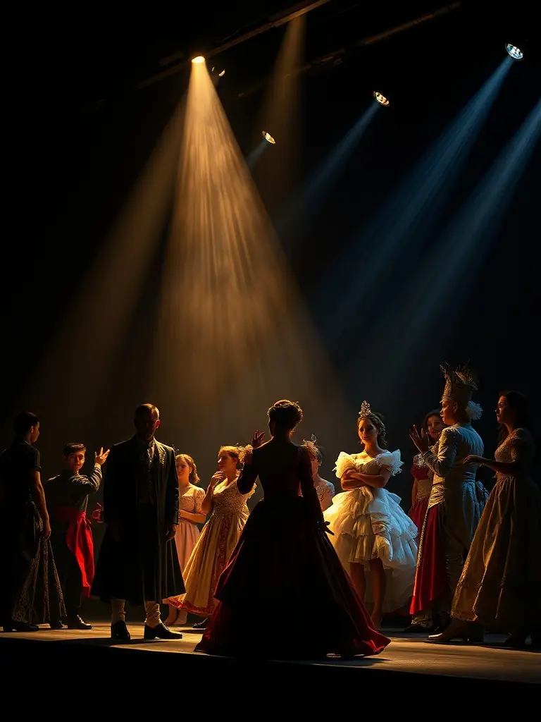 A vibrant image of a theatrical performance, showcasing dancers in costume on stage, with dynamic lighting and expressive movements, capturing the energy and artistry of the production.